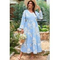 Everyday The Label Women's Sky Blue Floral Bracelet Sleeve V Neck Plus Size Tiered Maxi Dress | Size: 3XL