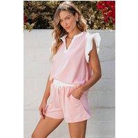 Everyday The Label Women's Light Pink Contrast Trim Ruffled Top & Drawstring Shorts Set | Size: XL