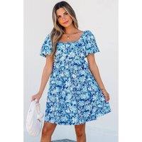 Everyday The Label Women's Blue Floral Puff Sleeve Babydoll Mini Dress | Size: Medium