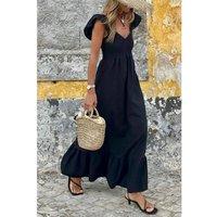 Everyday The Label Women's Black V Neck Flutter Sleeve Smocked Bodice High Waist Ruffle Maxi | Size: XL