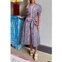 Everyday The Label Women's Pink Floral Shirred Puff Sleeve Buttoned Front Midi Dress with Sash | Size: XL