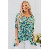 Everyday The Label Women's Green Abstract Print V Neck Half Sleeve Loose Fit Tunic Blouse Blouses | Size: Large