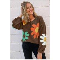 Everyday The Label Women's Coffee Big Flower Pattern V Neck Drop Shoulder Sweater | Size: Medium