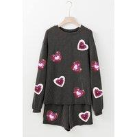 Everyday The Label Women's Carbon Grey Valentine Sequin Heart Corded Pullover & Shorts Set | Size: Large