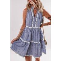 Everyday The Label Women's Blue Stripe Sleeveless Notched V Neck Contrast Ric Rac Mini Dress | Size: Large
