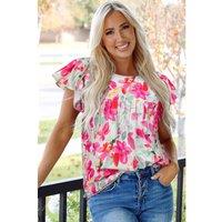 Everyday The Label Women's Rose Floral Print Flutter Sleeve Round Neck Casual Blouse Blouses | Size: Small