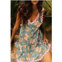 Everyday The Label Women's Sky Blue Floral Ricrac Trim V Neck Shift Mini Tank Dress | Size: XL