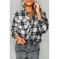 Everyday The Label Women's Black Plaid Print Chest Pockets Buttoned Shirt Blouses | Size: XL