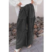 Everyday The Label Women's Black Mineral Wash Tiered Wide Leg Patchwork Drawstring Pants | Size: 10