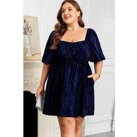 Everyday The Label Women's Navy Blue Velvet Ruched Bust Square Neck Short Puff Sleeve Plus Dress | Size: XL