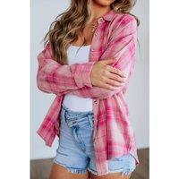 Everyday The Label Women's Sachet Pink Plaid Print Rounded Hem Long Sleeve Shirt with Pockets | Size: Medium