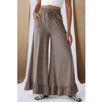 Everyday The Label Women's DUNE Ruffled Wide Leg Pull On High Waist Pants with Pockets in Light Sand | Size: 10