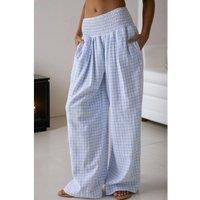 Everyday The Label Women's Myosotis Plaid Print Smocked High Waist Loose Pants in Pale Blue | Size: 14