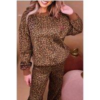 Everyday The Label Women's Coffee Leopard Print Contrast Trim Long Sleeve Top & Pants Set Pant | Size: Large