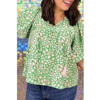 Everyday The Label Women's Green Plus Size Floral Tassel Tie Split Neck Puff Sleeve Blouse | Size: 4XL