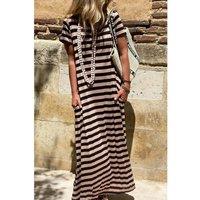 Everyday The Label Women's Black Stripe Casual Round Neck T-Shirt Maxi Dress with Pockets | Size: Small
