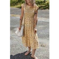 Everyday The Label Women's Yellow Boho Floral Print Ruffle Smocked Flowy Summer Dress | Size: XL