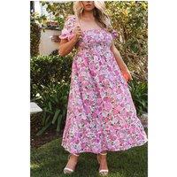 Everyday The Label Women's Pink Dainty Floral Smocked Puff Sleeve Flowy Long Dress | Size: Medium
