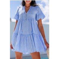 Everyday The Label Women's Sky Blue Gingham Short Sleeve Button Tie Split Neck Loose Mini Dress | Size: Large