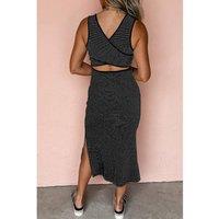 Everyday The Label Women's Black Stripe Criss Cross Side Slits Slim Fit Sleeveless Midi Dress | Size: Large