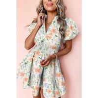 Everyday The Label Women's Beige Floral Print Shirred High Waist Puff Sleeve Mini Dress | Size: Small