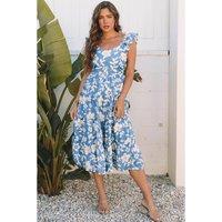 Everyday The Label Women's Sky Blue Floral U Neck Flutter Shoulder Tiered Flowy Midi Dress | Size: Medium