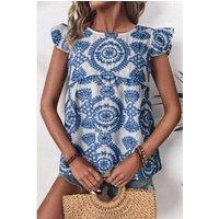 Everyday The Label Women's Blue Boho Print Flutter Sleeve Crew Neck Blouse | Size: Small