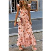 Everyday The Label Women's Pink Floral V Neck Smocked High Waist Ruffle Hem Long Dress | Size: Large