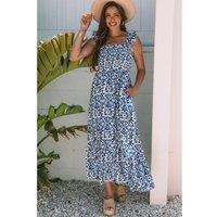 Everyday The Label Women's Sky Blue Boho Print Smocked High Waist Maxi Dress | Size: Large