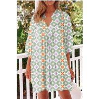 Everyday The Label Women's Green Geometric Floral Print 3/4 Sleeve Notched Neck Mini Dress | Size: Large