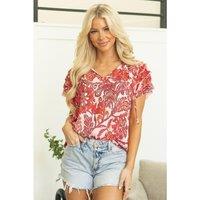 Everyday The Label Women's Red Vintage Floral Ruffle Sleeve V Neck Blouse Blouses | Size: XL