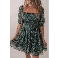 Everyday The Label Women's Green Smocked Square Neck Puff Short Sleeve Floral Dress | Size: Large