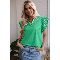Everyday The Label Women's Bright Green Contrast Scallop Trim Layered Short Sleeve V Neck Blouse | Size: Large