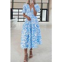 Everyday The Label Women's Sky Blue Floral V Neck Puff Short Sleeve Flowy Long Dress | Size: Small