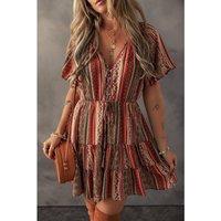 Everyday The Label Women's Red Bohemian Floral Print Buttoned V Neck Ruffle Tiered Dress | Size: Medium