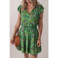 Everyday The Label Women's Green Floral Tie Split Neck Frilly Ruffle Trim Tiered Short Dress | Size: Large