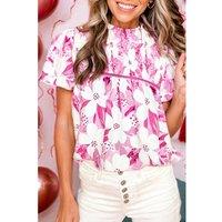 Everyday The Label Women's Rose Floral Frilled Collar Short Sleeve Blouse Top Blouses | Size: Large