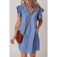 Everyday The Label Women's Sky Blue Stripe Frilly Split Neck Shirred Ruffle Sleeve Short Shift | Size: Large