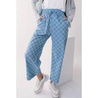Everyday The Label Women's Sky Blue Checkered Elastic High Waist Loose Casual Pants in Pale Blue | Size: 6