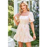 Everyday The Label Women's Pink Floral Puff Sleeve Square Neck Knotted Open Back Ruffled Mini | Size: Medium