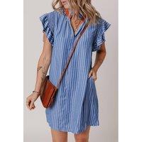 Everyday The Label Women's Sky Blue Stripe Frilly Split Neck Shirred Ruffle Sleeve Short Shift | Size: XL