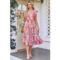 Everyday The Label Women's Rose Tribal Paisley Print Ruffled Sleeve Notch Neck Midi Dress | Size: Medium