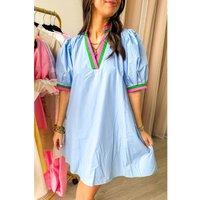 Everyday The Label Women's Myosotis Contrast Striped Notched V Neck Puff Sleeve Mini Dress | Size: Small