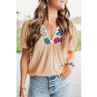 Everyday The Label Women's Pale Chestnut Crochet Floral V Neck Textured Short Sleeve Blouse in Light Brown | Size: Medium