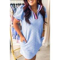 Everyday The Label Women's Beau Blue Contrast Striped Trim Zipped Stand Collar Textured Puff | Size: 3XL