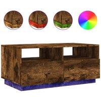 Berkfield Home Coffee Table with LED Lights Smoked Oak 90x49x40 cm in Brown | Size: 90 x 49 x 40 cm