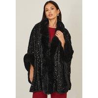 Yumi Women's Black Sequin Cape with Faux Fur Trim & Lining | Size: Medium/Large