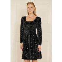 Yumi Women's Black Skater Dress With Diamantes & Long Sleeve | Size: 8