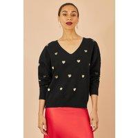 Yumi Women's Black Sequin Heart V Neck Jumper | Size: S/M