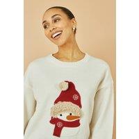 Yumi Women's White Christmas Jumper With Applique Snowman | Size: S/M